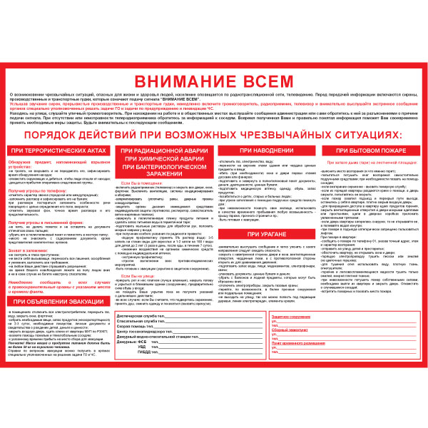 PL-013 Плакат "Внимание всем", Порядок действий при возникновении чрезвучайных ситуаций.